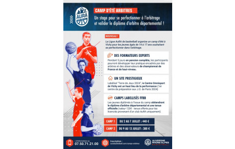La Ligue AuRA organise un camp d’été pour les jeunes âgés de 14 à 17 ans souhaitant se perfectionner à l’arbitrage et valider le diplôme d’arbitre départemental.